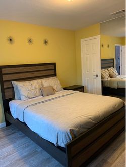 Queen Bed Frame with Wood Panel Headboard including mattress