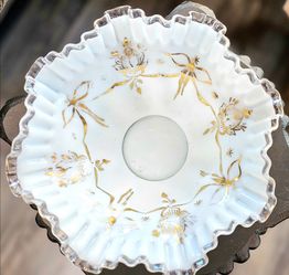 Vintage 1940s Fenton Uranium Custard Glass Bowl  Hand-Painted Gold Roses & Bows