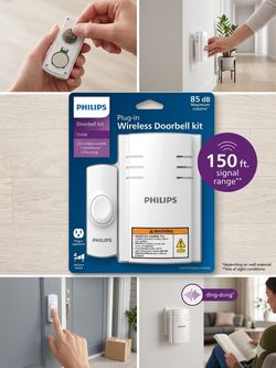 Philips Wireless Plug-In Doorbell Kit – 150 ft. Range, 2 Chimes, 4 Volume Levels
