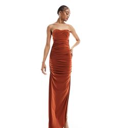 NWT Rust colored, twist bandeau maxi dress with  draped skirt and side slit.