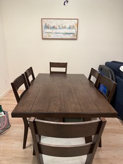 Dark Brown Wood Dining Table with 6 Chairs
