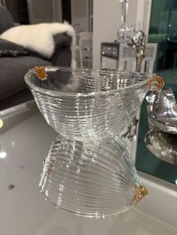 Clear Ribbed Glass Bowl with Gold Accents