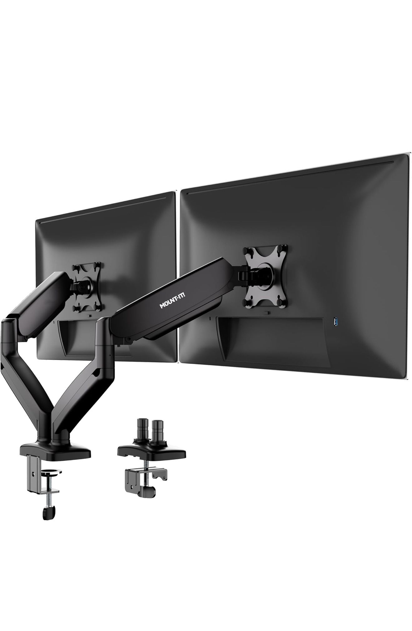 Mount-It! Dual Monitor Desk Mount – Full Motion Gas Spring Arms, Fits 13 to 32 Inch Screens, Holds 17.6 lbs per Arm, Dual Monitor Stand, VESA Mount, C
