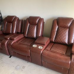 2 - PIECE LEATHER RECLINERS (3) ALL ELECTRIC w/ MOOD LIGHTS ( BOTTOM) “NEW”