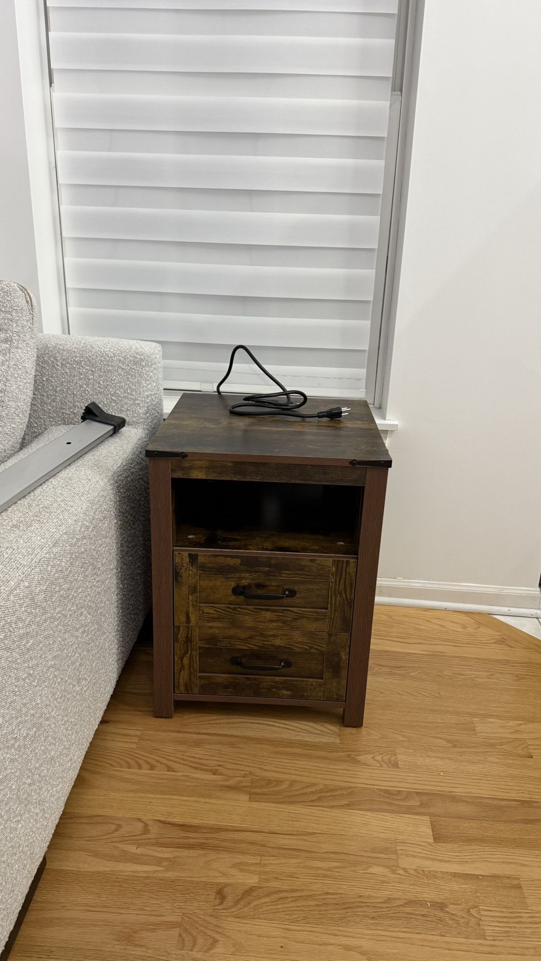 Brown Night Stand, Rustic End Table with Charging Station