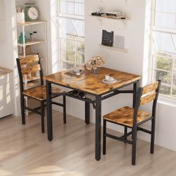 Dining Table for 2, Wooden Dinner Table Sets, 3-Piece Industrial Square Dinette Set for Dining Room, Small Space, Brown