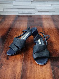 Manolo Blahnik Vibius 30 Dark Herringbone Denim Sandals EU 38.5 US 8.5