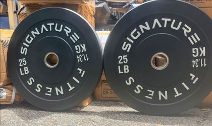 PAIR OF NEW 25 POUND RUBBER BUMPER PLATES