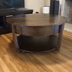 Solid Wood Round Coffee Table with Drawer & Storage (38")
