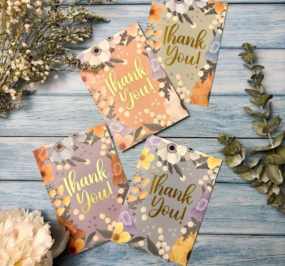 Honeyplum Floral Thank You Cards With Envelopes - Gold Foil Stamp Text - 24 Appreciation Cards for Women, 4 x 6