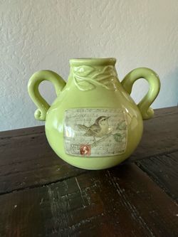 Green Ceramic Double-Handle Vase with Bird Motif