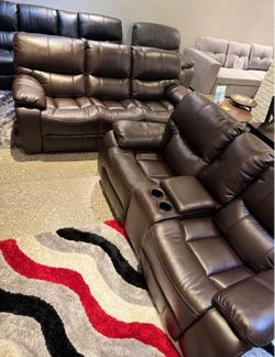 Holiday sale. Madrid Brown, leather reclining sofa and love seat set only $1299. Easy finance option. Same-day delivery.