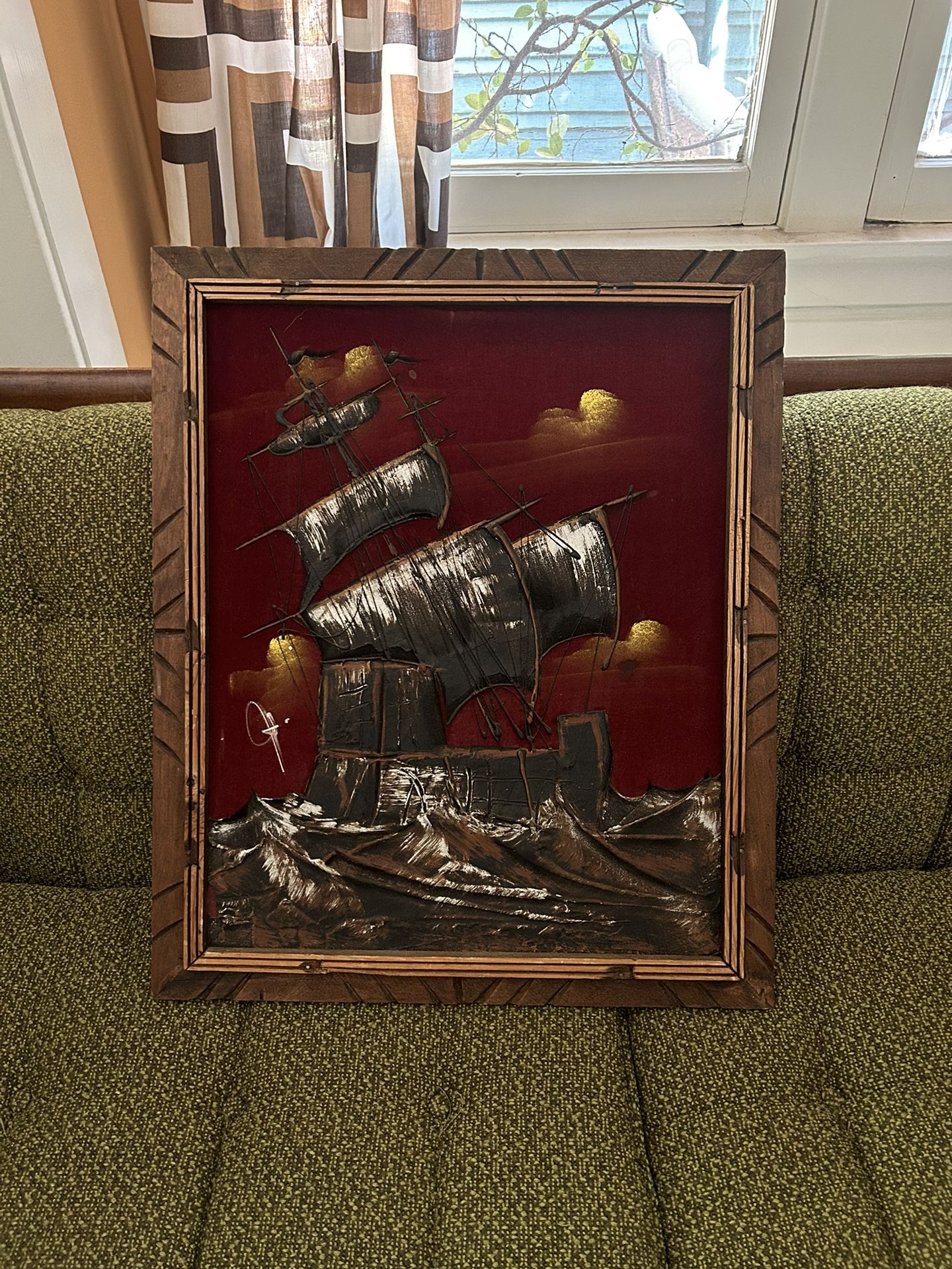 Vintage Mid Century Red Velvet Ship Painting Made In Mexico