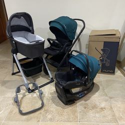 Nuna Mixx Next Stroller With Car Seat RX With Green Canopy And Bassinet With Stand
