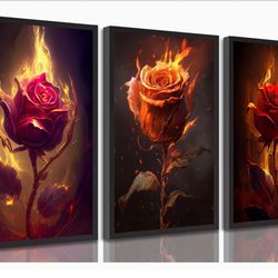 Set of 3 Flaming Rose Wall Art Canvases