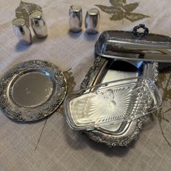 Silver Plated, Wine Coaster, Salt And Pepper Shakers, And Butter Dish