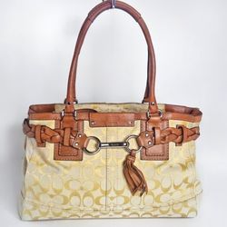 Coach Y2K Hampton Signature Yellow Jacquard Canvas Braided Leather Double Top Handle Vintage Tote Bag #F13068