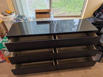 Black 6-Drawer Double Dresser with Glass Top