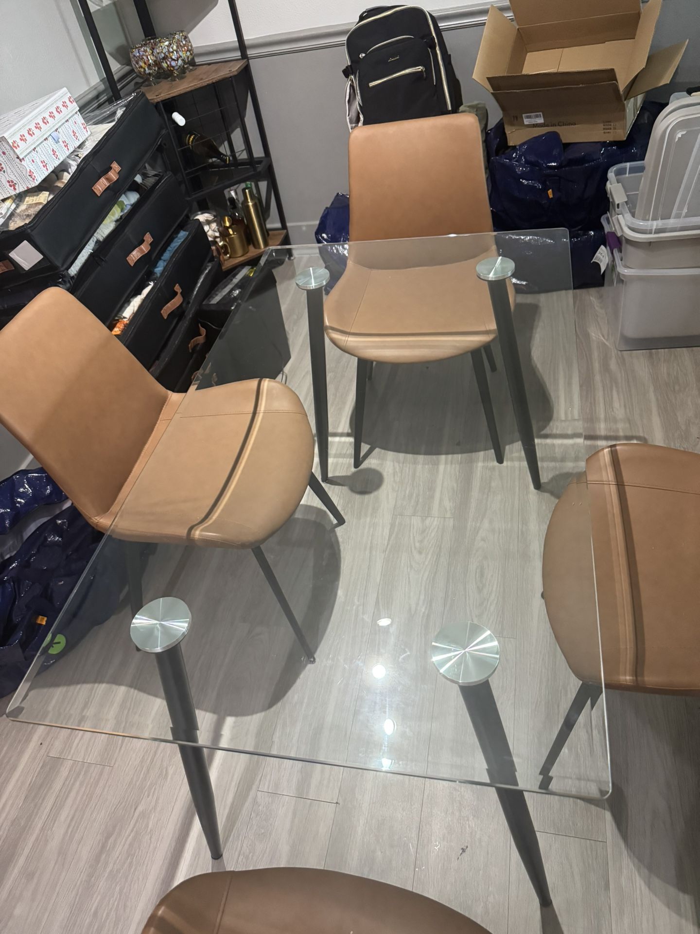Glass Kitchen Table And 4 Brown Chairs