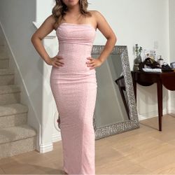 Oh Polly pink long bodycon dress - PALERMO Embellished Bandeau Cowl Neck Maxi Dress in Blush