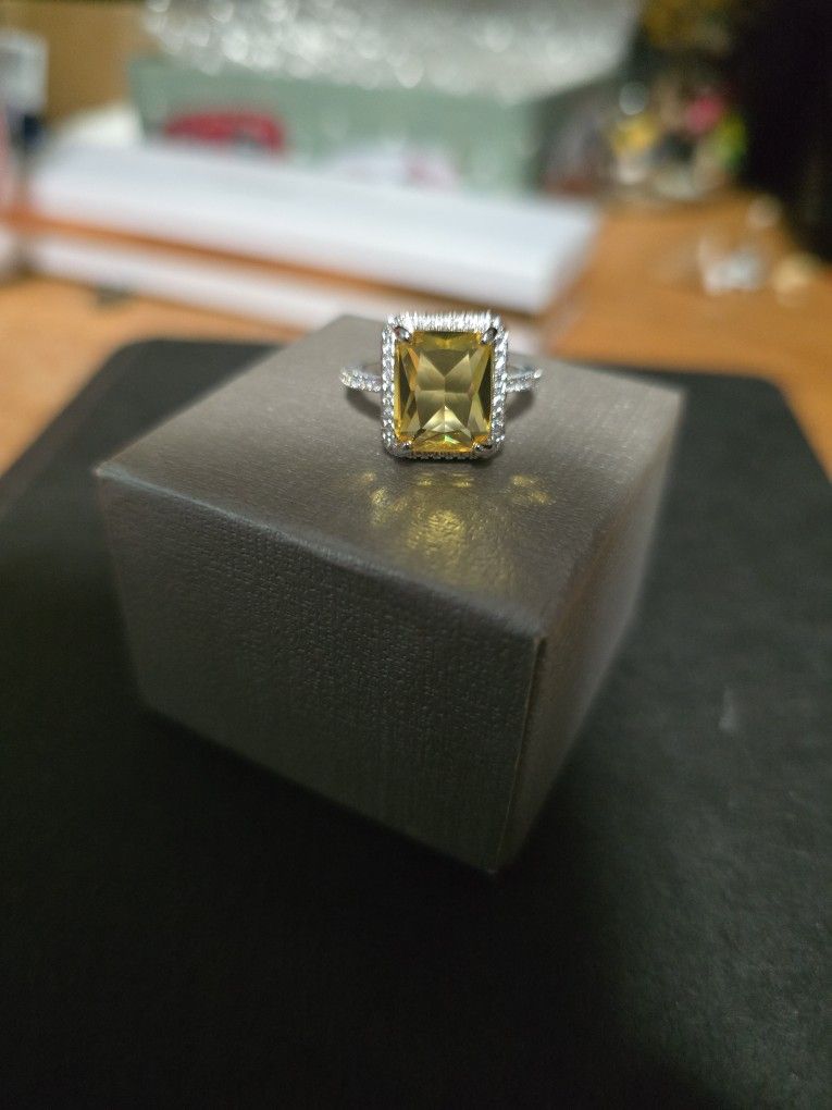 Size 6 Yellow Topaz Birthstone Ring With White Sapphire 925 Silver