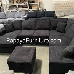 New 113” Chennile Sectional Couch, U-Shaped Sectional Sofa, Couch, Sectionals, Sectional And Ottoman, Couch, Black Sectional, Reversible Chaise Sofa D