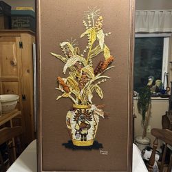 Large Vintage Indian Summer Maize Crewel Embroidery Wall Art