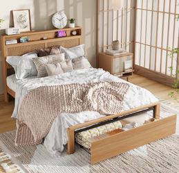 Full Wooden Rattan Bed Frame Bohemian with Storage and LED Lights Cane Headboard with Charging Station