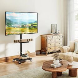Rolling TV Stand with Wheels - Mobile TV Cart for 32～65 Inch Plasma LCD LED OLED TVs, Height Adjustable Floor TV Mount with Media Tray, Portable TV