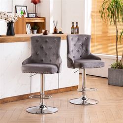 43.7"-51.6" Adjustable Swivel Velvet Bar Stools in Gray (Set of 4)