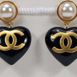 CHANEL Wood Pearl CC Heart Drop Earrings Gold for Sale in
