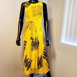 #502 Vintage Pegasus Yellow African Print Wrap Tie Dress. 