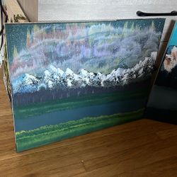 Acrylic Painting Northern Lights And Mountains