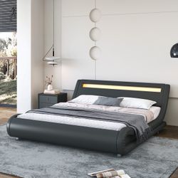 Full Wave-Like Curve PU Leather Platform Bed Frame with Adjustable Headboard and LED Lights