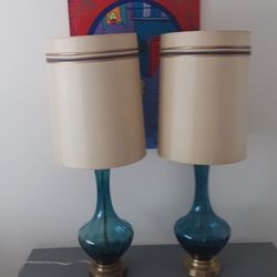 Vintage Mid Century Blue Blown Glass Lamps