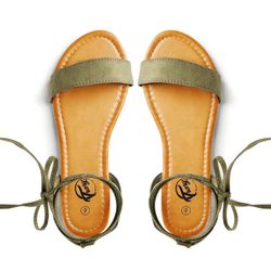 Green Flat Sandals with Ankle Ties and Open Toe