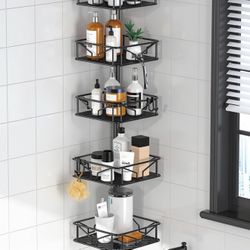 Skycarper 5 Tier Adjustable Corner Shower Caddy Organizer with Hooks,Rustproof Tension Pole 62-116 Inch, Black