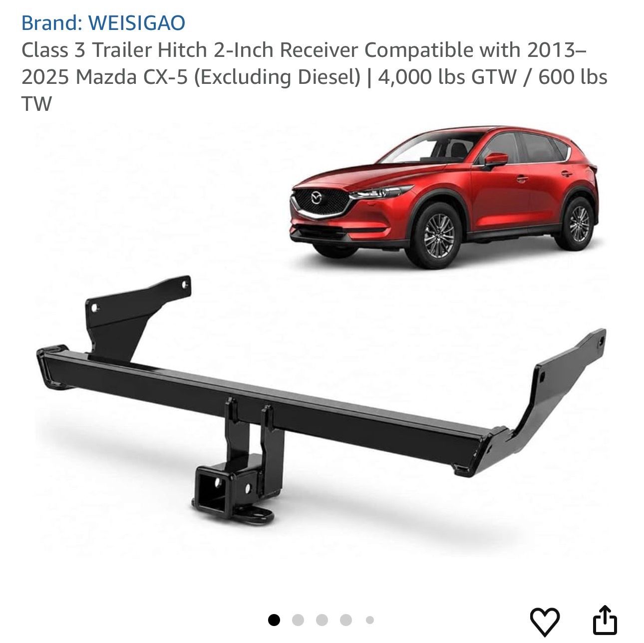 Class 3 Trailer Hitch 2-Inch Receiver Compatible with 2013–2025 Mazda CX-5 (Excluding Diesel) | 4,000 lbs GTW / 600 lbs TW