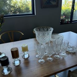 Crystal Punch bowl Set With Glasses, Centerpiece, Tray, And Candle Holders 