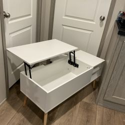 Wooden Leg Lift Top Coffee Table With Hidden Compartment and Side Open Storage Shelf for Living Room, Solid White / South Austin Pick Up 