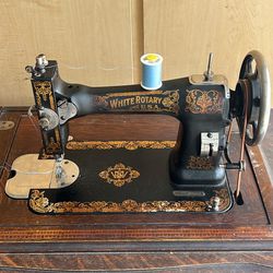 Antique White Rotary Sewing Machine In Excellent Working Condition With Original Attachments And Manual.
