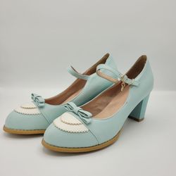 Retro Cyan Block Heel Pumps W/ Heart Strap 