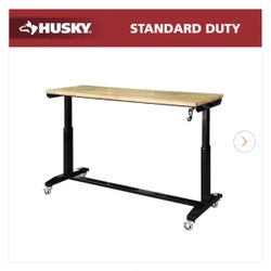 Husky 62 in. W x 24 in. D Adjustable Height Black Workbench Table with Solid Wood Top