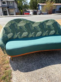 Mid-Century Modern Sofa with Tropical Leaf Upholstery