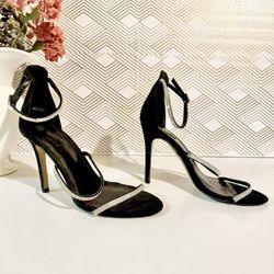 Forever 21 Women’s Black Rhinestone Detail StilettoAnkle Strap Open Toe Heels Size 5.5