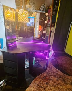 Black Vanity Desk with Tri-Fold Mirror