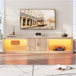 Bestier 80 Inch TV Stand for 75/85/90 inch TVs, LED Entertainment Center with Fluted Storage Cabinet & Adjustable Shelves, Modern Farmhouse Wooden TV 