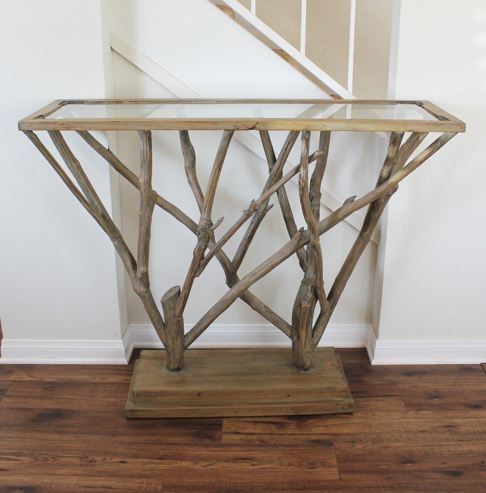 Rustic Natural Wood Tree Branch Sofa Entry Console Table with Glass Top