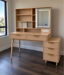 Vanity Desk with Sliding Mirror and Lights, Fluted with n, Jewelry Storage, Oak L-22