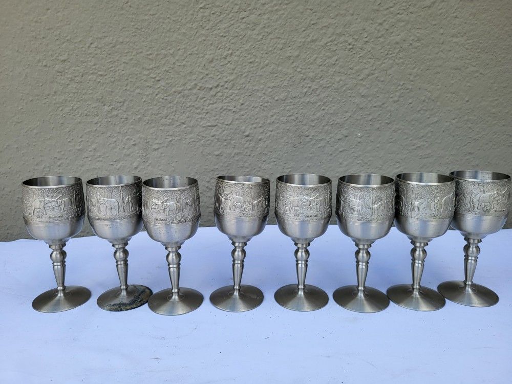8 Vintage Pices Bangkok Pewter Wine Elephants Designs Cups